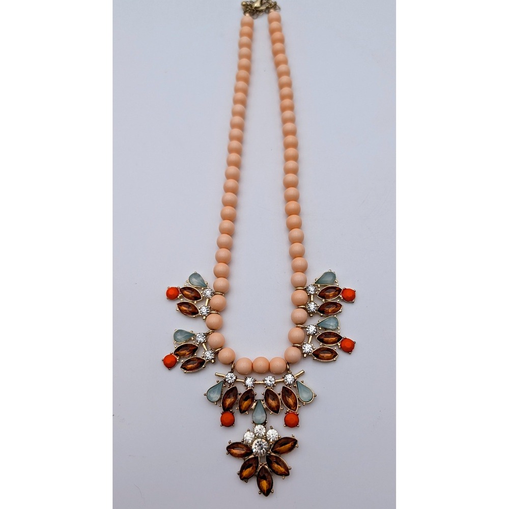 Peach Beaded Statement Necklace Amber Blue Rhinestone Floral Bib Gold Tone
